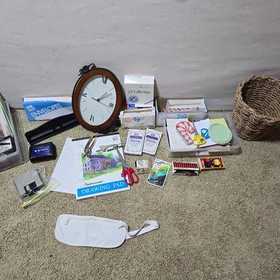 Office, Art & Craft Supply Lot – Paper Goods, Clock, Drawing Pad & More