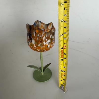 Sale Photo Thumbnail #284: Delicate hand-blown glass tulip on a green metal stem. Decorative floral art piece with speckled petals.