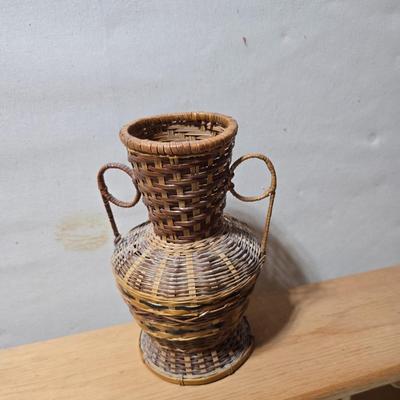 Primitive Wood Plate Rack with Vintage Embroidered Linens & Wicker vase