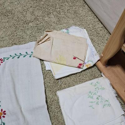 Primitive Wood Plate Rack with Vintage Embroidered Linens & Wicker vase