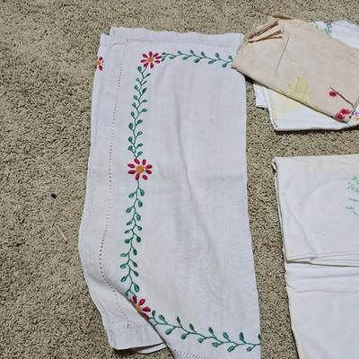 Primitive Wood Plate Rack with Vintage Embroidered Linens & Wicker vase