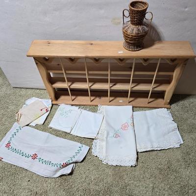 Primitive Wood Plate Rack with Vintage Embroidered Linens & Wicker vase