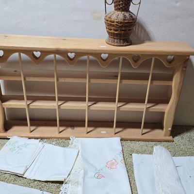 Primitive Wood Plate Rack with Vintage Embroidered Linens & Wicker vase