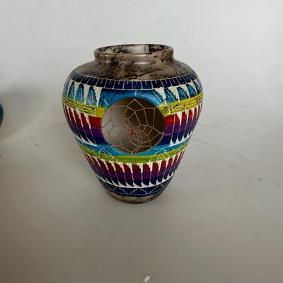 Sale Photo Thumbnail #308: Colorful etched pottery with traditional patterns and a built-in dreamcatcher. A unique piece for desert or Native-inspired decor.