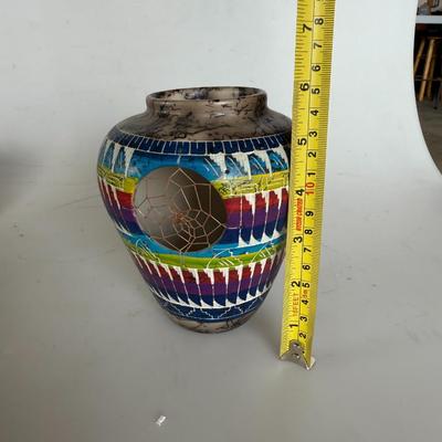 Sale Photo Thumbnail #309: Colorful etched pottery with traditional patterns and a built-in dreamcatcher. A unique piece for desert or Native-inspired decor.