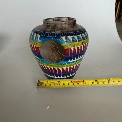 Sale Photo Thumbnail #310: Colorful etched pottery with traditional patterns and a built-in dreamcatcher. A unique piece for desert or Native-inspired decor.