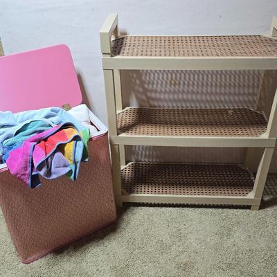 Vintage Pink Hamper with Rag Towels + 3-Tier Utility Shelf and folding card table
