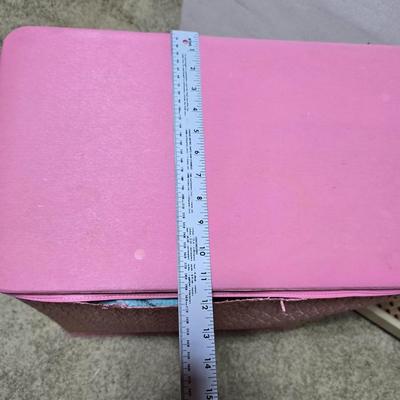 Vintage Pink Hamper with Rag Towels + 3-Tier Utility Shelf and folding card table