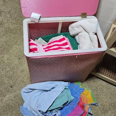 Vintage Pink Hamper with Rag Towels + 3-Tier Utility Shelf and folding card table