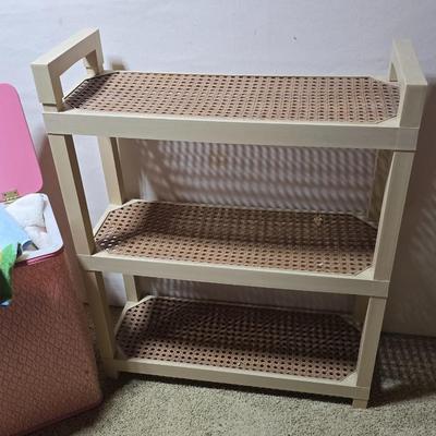 Vintage Pink Hamper with Rag Towels + 3-Tier Utility Shelf and folding card table