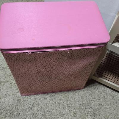 Vintage Pink Hamper with Rag Towels + 3-Tier Utility Shelf and folding card table