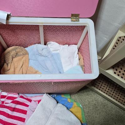 Vintage Pink Hamper with Rag Towels + 3-Tier Utility Shelf and folding card table