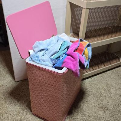 Vintage Pink Hamper with Rag Towels + 3-Tier Utility Shelf and folding card table