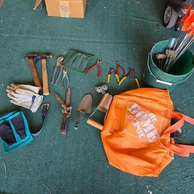 Mixed Tool & Garden Supply Lot – Gloves, Hammers, Stakes & More