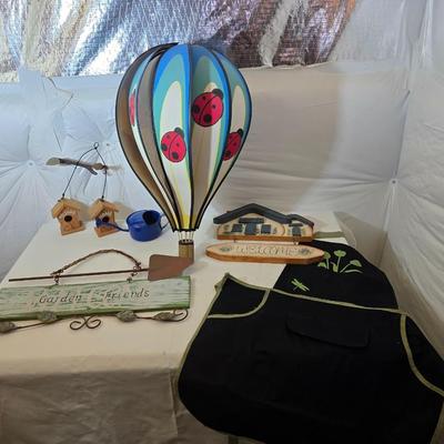 Garden Decor & Accessories Lot – Whirligig, Signs, Apron & More