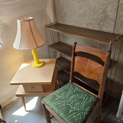 Mid-Century End Table, Vintage Shelf, Chair & Lamp Lot