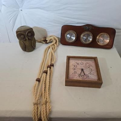 Vintage Home Decor Lot – Owl Bank, Wall Clock, Nautical Weather Set & Macrame