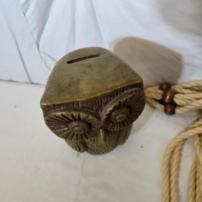 Vintage Home Decor Lot – Owl Bank, Wall Clock, Nautical Weather Set & Macrame