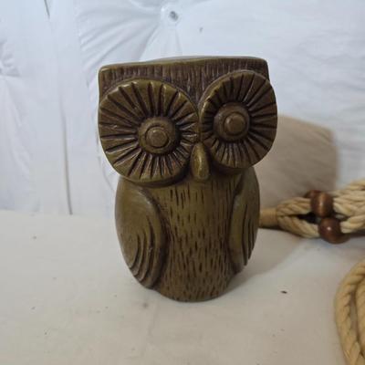 Vintage Home Decor Lot – Owl Bank, Wall Clock, Nautical Weather Set & Macrame