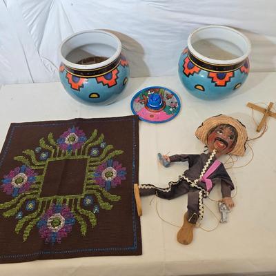 Mexican Folk Art & Decor Lot – Planters, Marionette, Textile & More