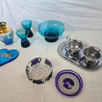 Glass & Metal Decor Lot – Blue Glass, Crystal Dishes, Silverplate & More