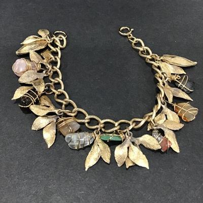 Beautiful vintage, semi precious stone, charm bracelet, satin gold toned