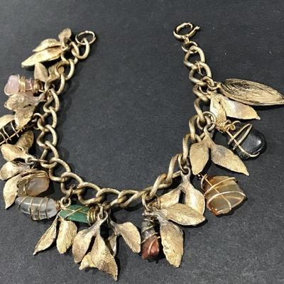Beautiful vintage, semi precious stone, charm bracelet, satin gold toned