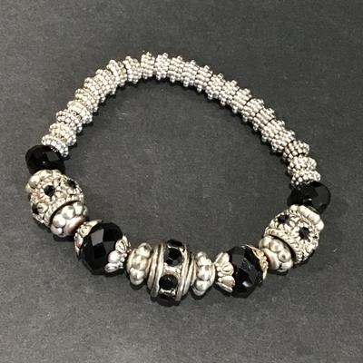 Vintage, silver toned, black faceted, glass bead necklace, and stretch bracelet set