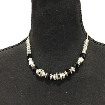Vintage, silver toned, black faceted, glass bead necklace, and stretch bracelet set