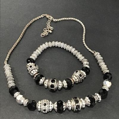 Vintage, silver toned, black faceted, glass bead necklace, and stretch bracelet set
