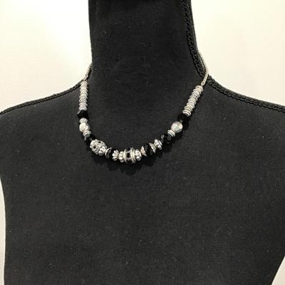 Vintage, silver toned, black faceted, glass bead necklace, and stretch bracelet set