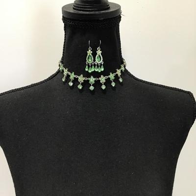 Gorgeous, vintage, lime, green rhinestone flower, choker necklace, and matching earrings set