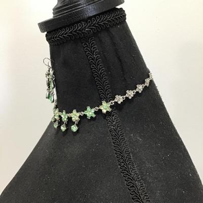 Gorgeous, vintage, lime, green rhinestone flower, choker necklace, and matching earrings set