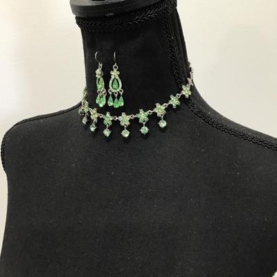 Gorgeous, vintage, lime, green rhinestone flower, choker necklace, and matching earrings set