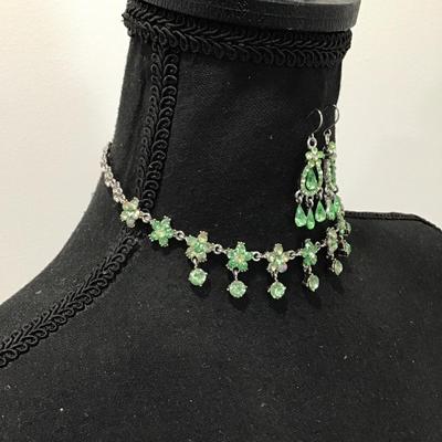 Gorgeous, vintage, lime, green rhinestone flower, choker necklace, and matching earrings set