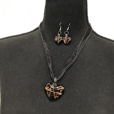 Cute Glass, heart pendant and matching earrings on ribbon and corded necklace