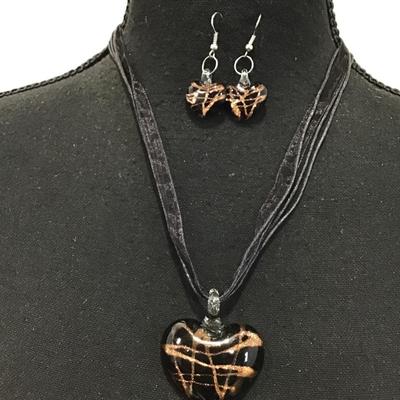 Cute Glass, heart pendant and matching earrings on ribbon and corded necklace