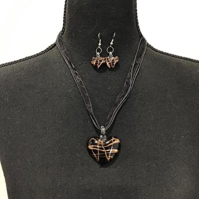 Cute Glass, heart pendant and matching earrings on ribbon and corded necklace