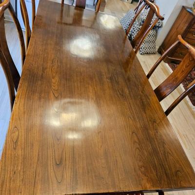 Sale Photo Thumbnail #8: Asian Rosewood Chairs, Contemporary Farmhouse Table

Description: 8 chairs, Custom medallion covered, 2 captain chairs
Dimensions: Table 30x39x84
Damage: Normal wear