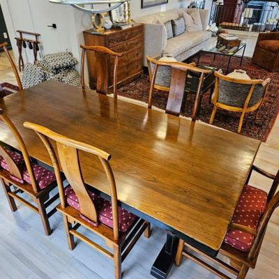 Sale Photo Thumbnail #9: Asian Rosewood Chairs, Contemporary Farmhouse Table

Description: 8 chairs, Custom medallion covered, 2 captain chairs
Dimensions: Table 30x39x84
Damage: Normal wear