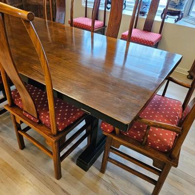 Sale Photo Thumbnail #2: Asian Rosewood Chairs, Contemporary Farmhouse Table

Description: 8 chairs, Custom medallion covered, 2 captain chairs
Dimensions: Table 30x39x84
Damage: Normal wear