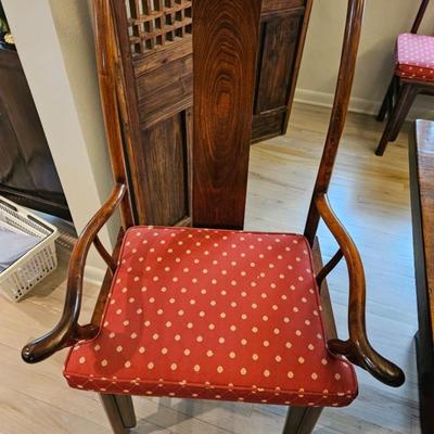 Sale Photo Thumbnail #4: Asian Rosewood Chairs, Contemporary Farmhouse Table

Description: 8 chairs, Custom medallion covered, 2 captain chairs
Dimensions: Table 30x39x84
Damage: Normal wear