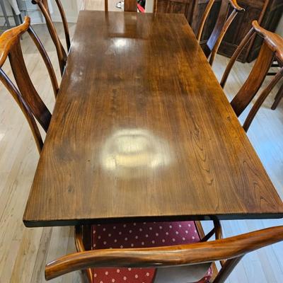 Sale Photo Thumbnail #3: Asian Rosewood Chairs, Contemporary Farmhouse Table

Description: 8 chairs, Custom medallion covered, 2 captain chairs
Dimensions: Table 30x39x84
Damage: Normal wear