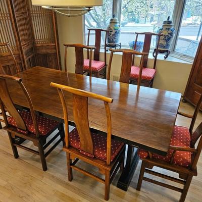 Sale Photo Thumbnail #1: Asian Rosewood Chairs, Contemporary Farmhouse Table

Description: 8 chairs, Custom medallion covered, 2 captain chairs
Dimensions: Table 30x39x84
Damage: Normal wear