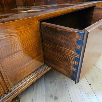 Sale Photo Thumbnail #15: Turn of the Century Lighted Early American Corner Hutch

Description: Intended to dim lights, 3 shelves, hidden drawer, lock & key
Dimensions: 83x43x28
Damage: Normal wear