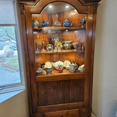 Sale Photo Thumbnail #10: Turn of the Century Lighted Early American Corner Hutch

Description: Intended to dim lights, 3 shelves, hidden drawer, lock & key
Dimensions: 83x43x28
Damage: Normal wear