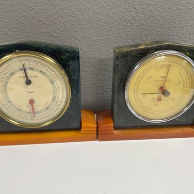 Sale Photo Thumbnail #156: Vintage Art Deco Taylor Baroguide Barometer & Temp in Butterscotch Bakelite Catalin with green marbleized setting