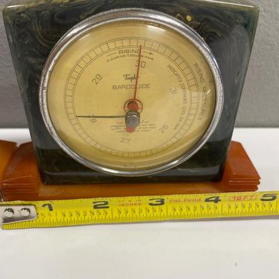 Sale Photo Thumbnail #154: Vintage Art Deco Taylor Baroguide Barometer & Temp in Butterscotch Bakelite Catalin with green marbleized setting