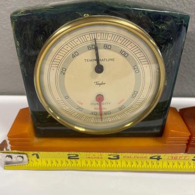Sale Photo Thumbnail #155: Vintage Art Deco Taylor Baroguide Barometer & Temp in Butterscotch Bakelite Catalin with green marbleized setting