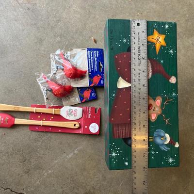 Sale Photo Thumbnail #705: Small wood bench, singing Cardinal ornaments and spatulas